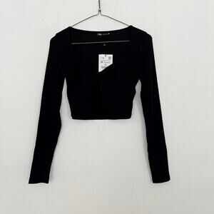Zara Crop Top Womens Size Medium Black Ribbed Knit Long Sleeve Cotton Blend